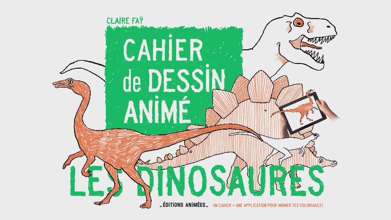 Vidéo de démonstration du cahier de dessin animé Les Dinosaures, qui s'anime avec l'application BlinkBook.